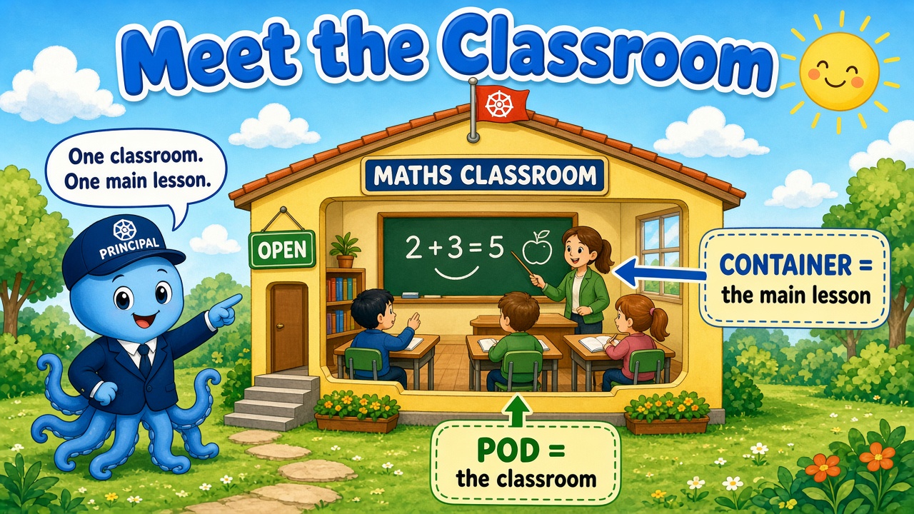 A cartoon blue octopus principal pointing at a maths classroom labelled POD. Inside, a teacher teaches 2 + 3 = 5 at the chalkboard — that lesson is labelled CONTAINER. A speech bubble says: One classroom. One main lesson.