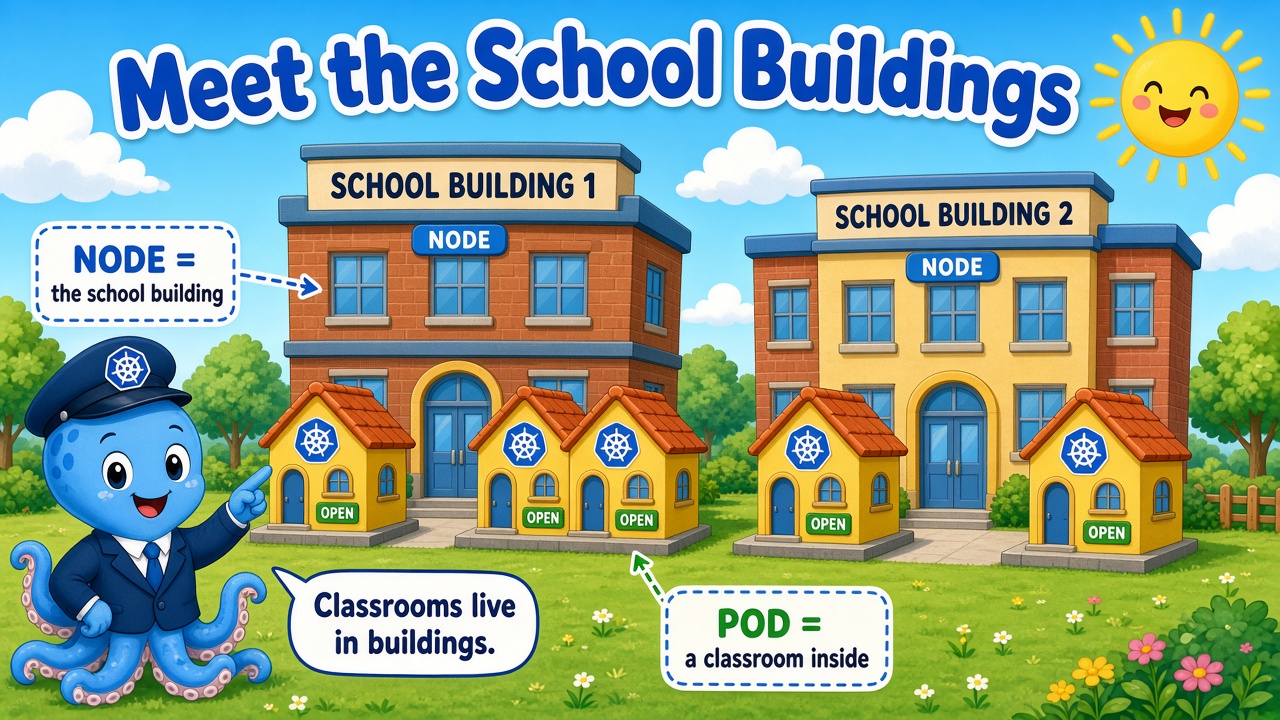 A cartoon blue octopus principal pointing at school buildings labelled NODES. Inside each building, classrooms labelled PODS sit with walls, floors, and space. A speech bubble says buildings hold classrooms.