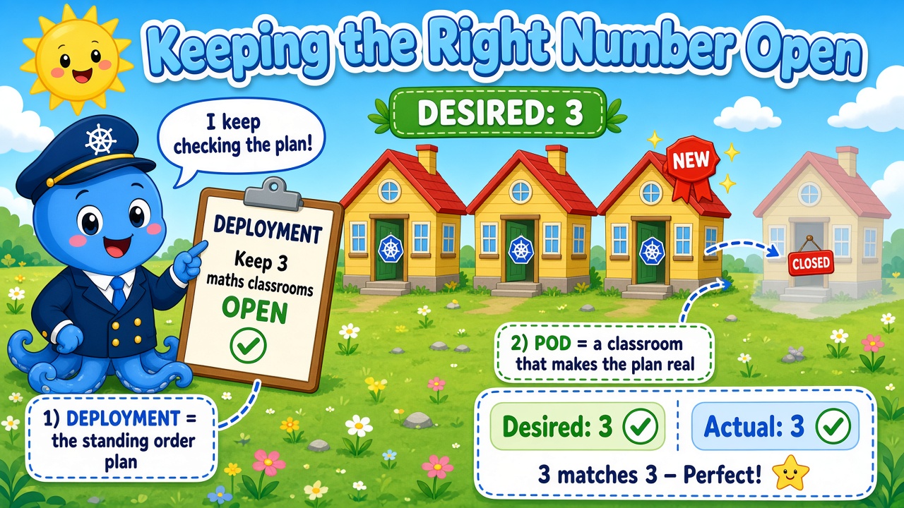 A cartoon blue octopus principal holds a Deployment clipboard beside three open maths classrooms, with desired and actual state matching.