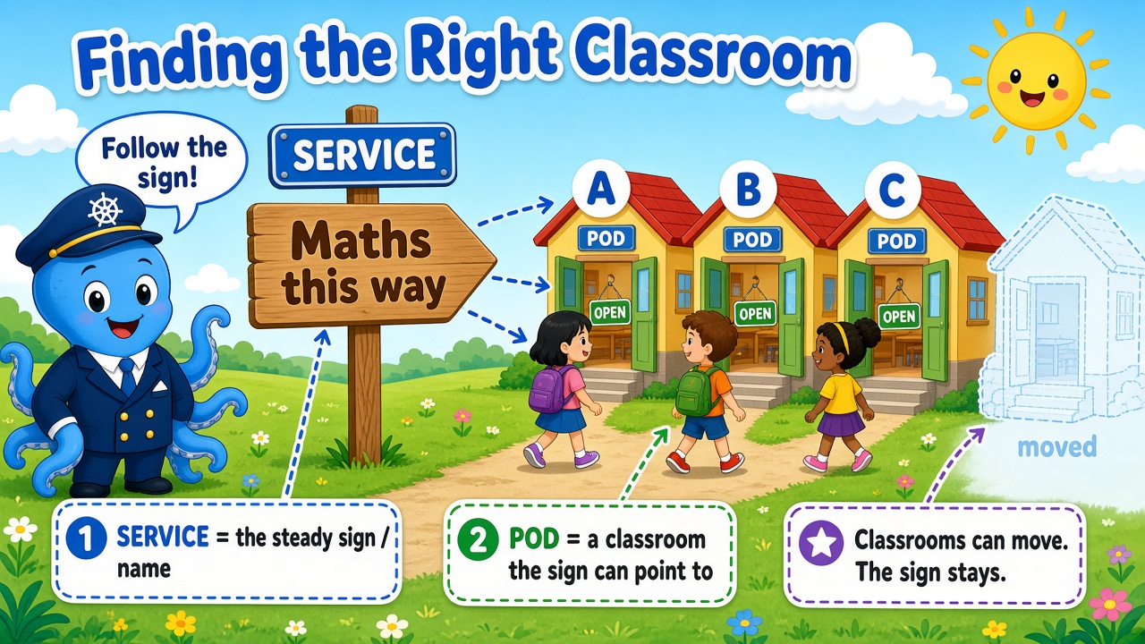cartoon blue octopus principal beside a Service sign saying Maths this way, pointing students toward several open classroom pods; classrooms can move, the sign stays.