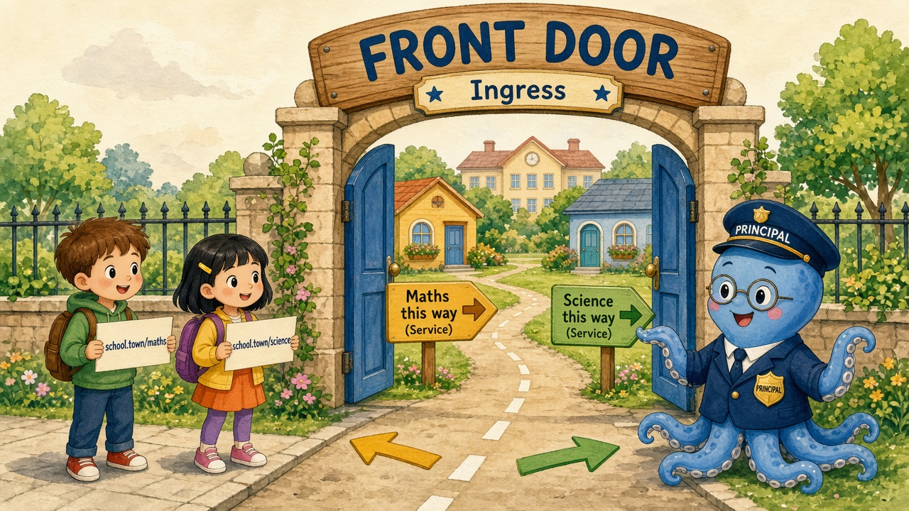 cartoon school front door labeled Ingress reading visitor notes for school.town/maths and school.town/science, then sending visitors toward Service signs that point to classroom pods.