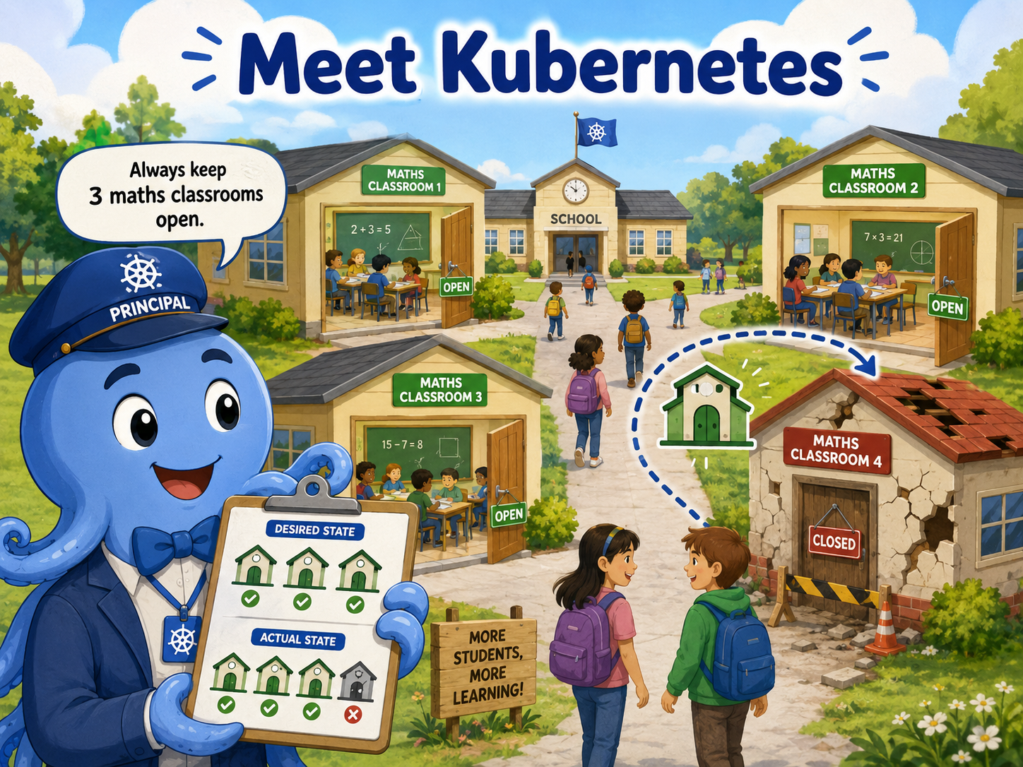 A cartoon blue octopus principal wearing a PRINCIPAL hat with the Kubernetes helm logo, pointing at a school campus. Maths classrooms 1, 2 and 3 are marked OPEN, while classroom 4 is CLOSED and broken. A clipboard shows desired state versus actual state.